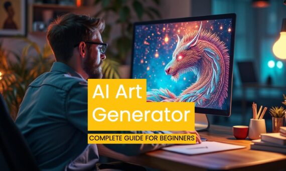 Digital artist at night, working on fantastical creature design. Vibrant neon dragon on computer screen, cozy home office with warm lighting and plants.