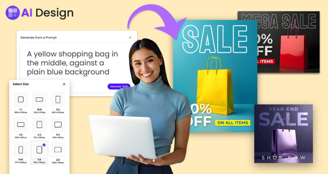 A woman smiles while using a laptop, surrounded by AI-generated shopping ad designs created from a text prompt and custom size options.