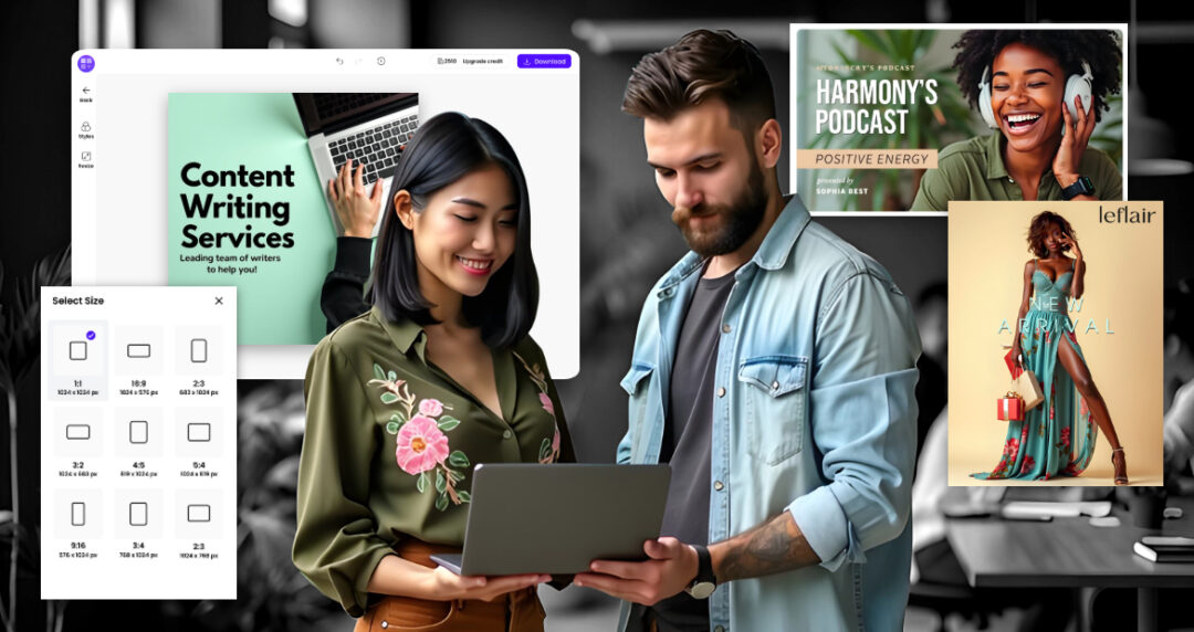 Two creatives review a laptop together, surrounded by vibrant digital design previews and layout options in a dynamic, collaborative workspace.