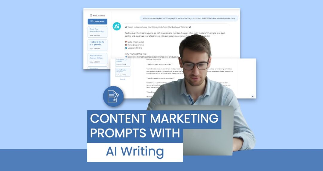 A screenshot of a graphical user interface displaying a chat or text message application with the title "Content Marketing Prompts with AI Writing." The interface features text content and includes a human face, showing a man in casual clothing.