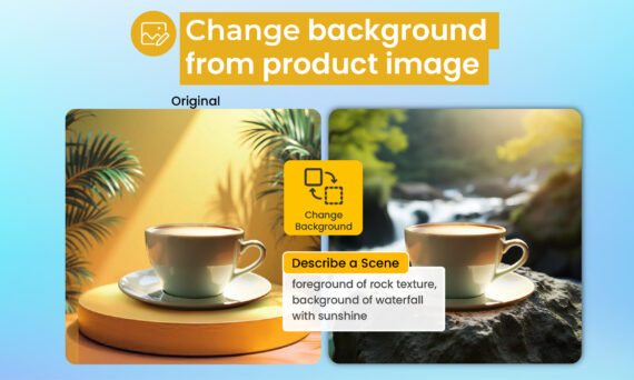 A graphical user interface displaying an option to change the background of a product image. The original image features a foreground with rock texture and a background showcasing a waterfall illuminated by sunshine. The scene is complemented by various serveware items, including coffee cups, saucers, mugs, and teacups.
