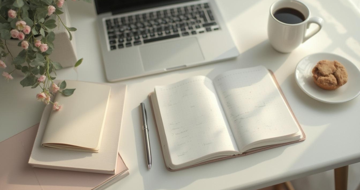 A minimalistic workspace with pastel tones featuring a clean desk with a laptop, notebook, and a cup of coffee. Soft lighting, subtle colours, and a calm, serene ambience.