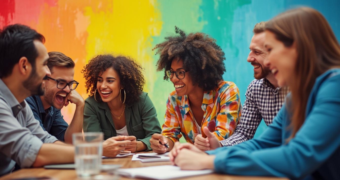 A group of people sitting around a table indoors, engaging in conversation and smiling. Various individuals are wearing glasses and different types of clothing, fostering a sense of sharing and learning among them. A wall is visible in the background.