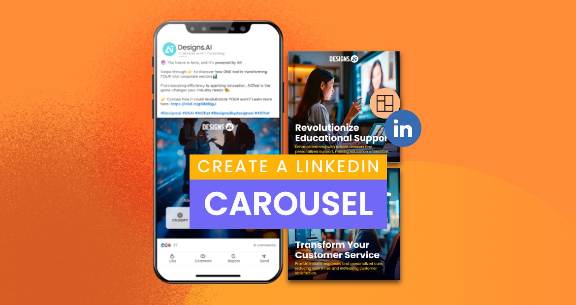 A graphical user interface displaying the Dotigns.Al website, which includes sections titled "Revolutionize in Educational Support" and "Transform Your Customer Service." The layout suggests features for creating a LinkedIn carousel. The image is a screenshot viewed on a mobile device, emphasizing communication and technology.