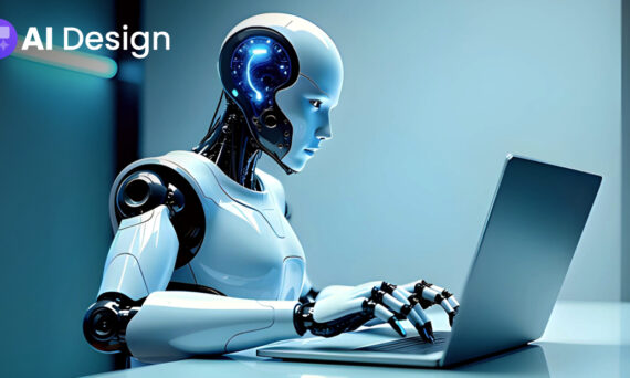 A humanoid robot with a glowing brain interface works on a laptop in a sleek, modern room, representing AI-powered design technology.