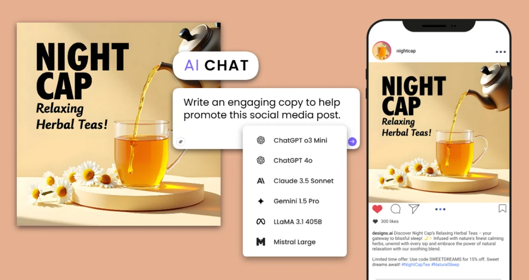 A promotional image showing a herbal tea ad with a phone screen and AI tools, asking for engaging social media copy suggestions for the post.