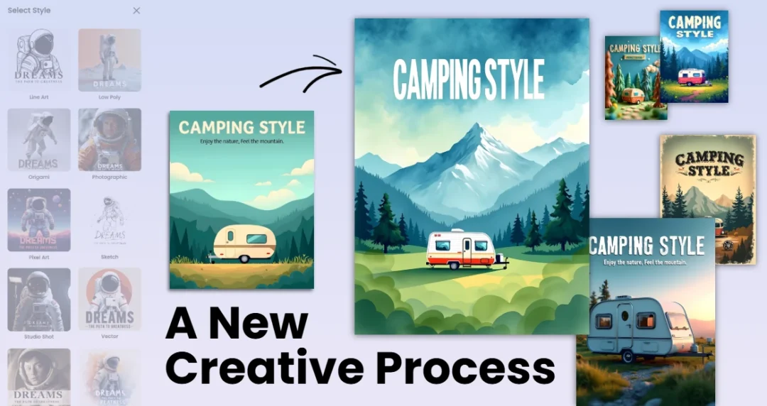 Various AI-generated poster styles for "Camping Style" are displayed, showing a design evolution with the text "A New Creative Process" below.