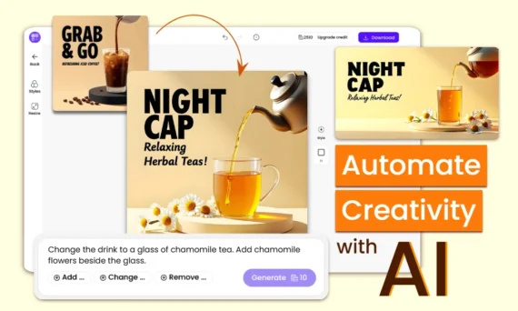 AI design tool transforms an iced coffee ad into a calming chamomile tea poster, showing text-based edits and automated visual changes.